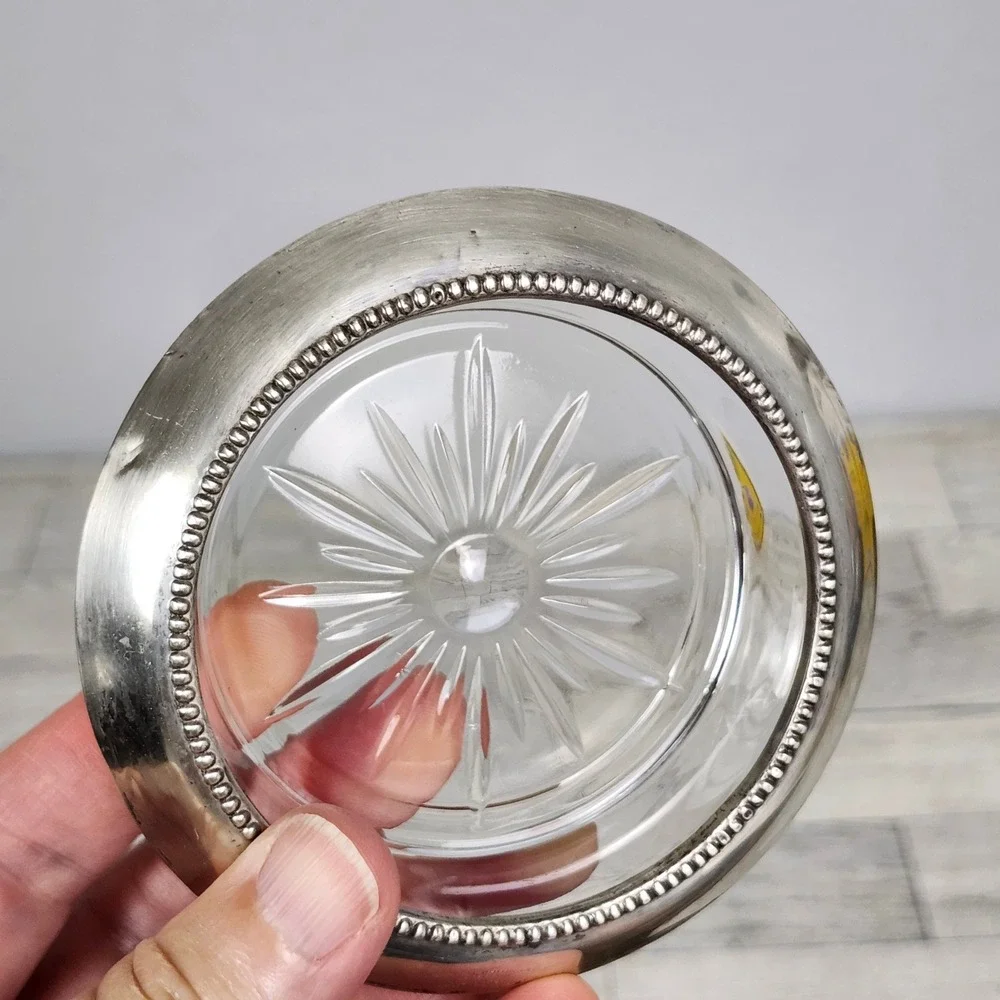 Vintage Frank M Whiting Sterling Silver Glass Coaster Starburst  Number 04